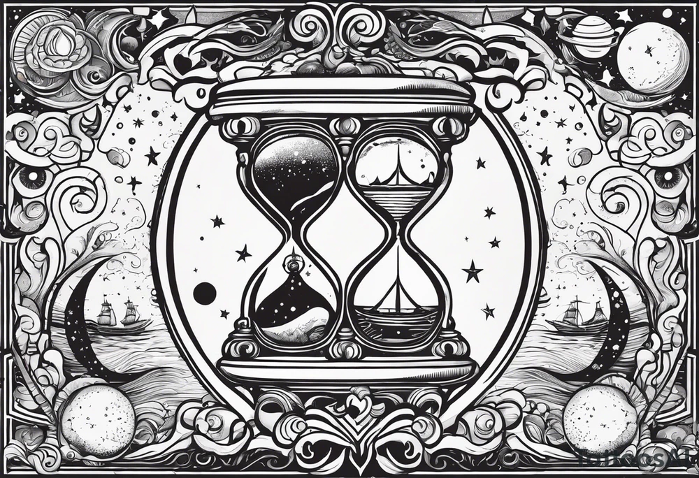 Mix an hourglass with a nautical clock with the addition of planets, galaxies to give a design to print on a t-shirt, the design should be in one color in the form of a tattoo and all the shapes should be mixed to give one shape tattoo for all arms. tattoo idea