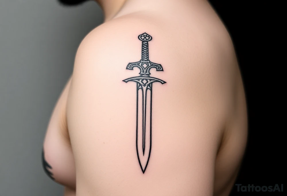 Fine line Celtic sword with a light horizontal line across the back of the blade on outside of forearm tattoo idea