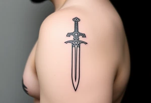 Fine line Celtic sword with a light horizontal line across the back of the blade on outside of forearm tattoo idea
