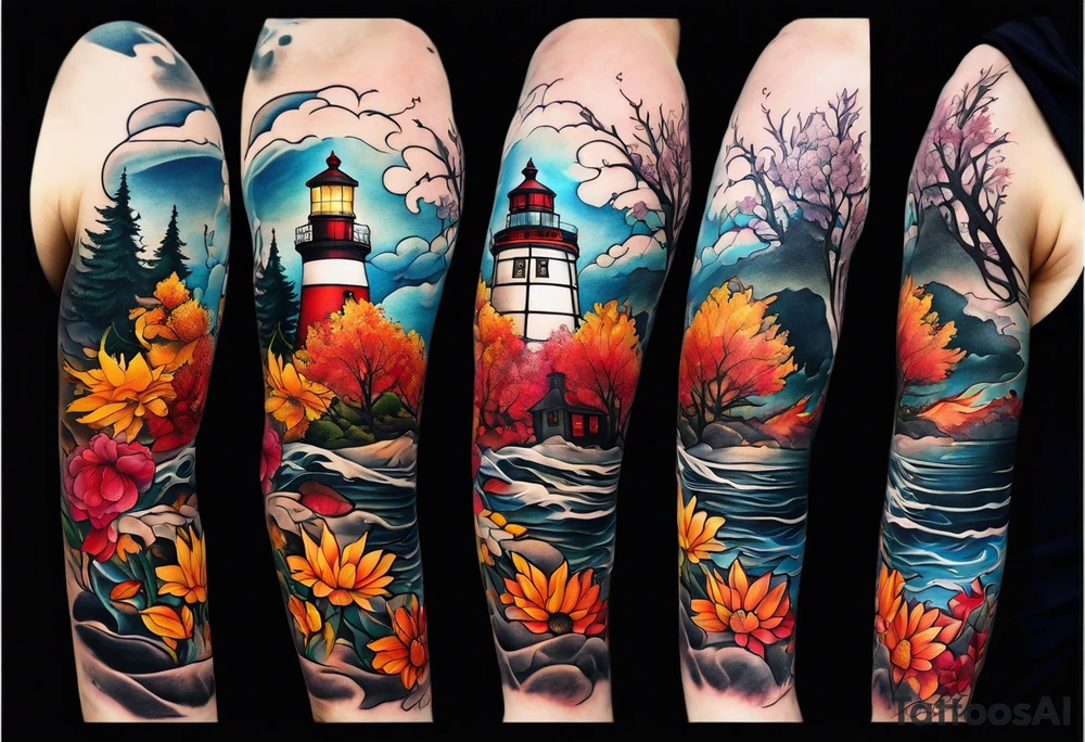 Arm sleeve with fall colors, various flowers, water flow, water splash, light house tattoo idea