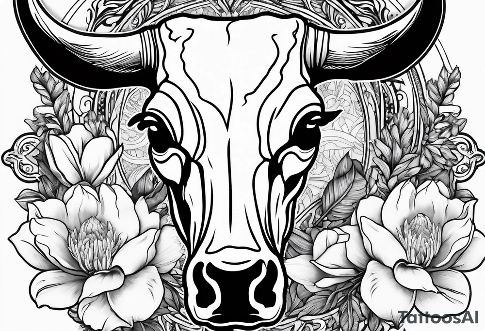 bluebonnet flowers and magnolia flowers with cow skull tattoo idea
