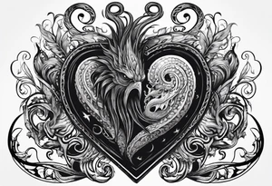Long tattoo. Lovecraftian creature protecting a heart. tattoo idea