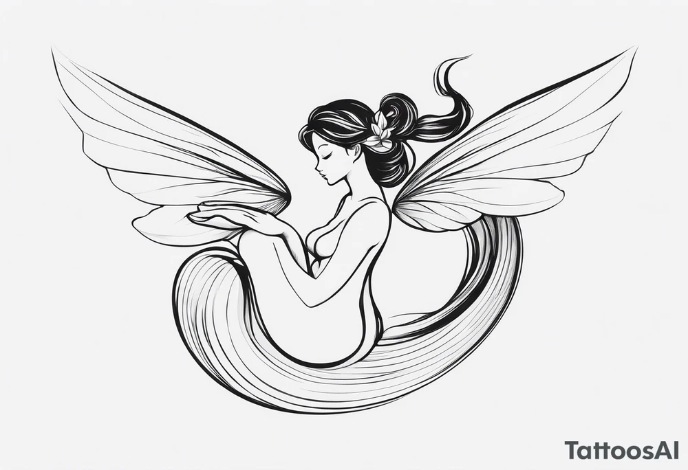 Minimalistic, monochromatic fairy with a tail flying to the left in a fetal position, leaning and looking in the same direction, with visible hands, embodying the 'Fairy Tail' logo aesthetic. tattoo idea