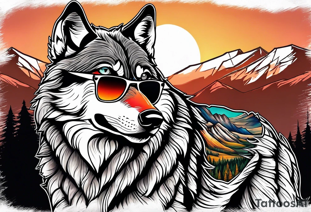 Badass wolf wearing sunglasses
Dark woods
Mountain peaks
Sunset tattoo idea