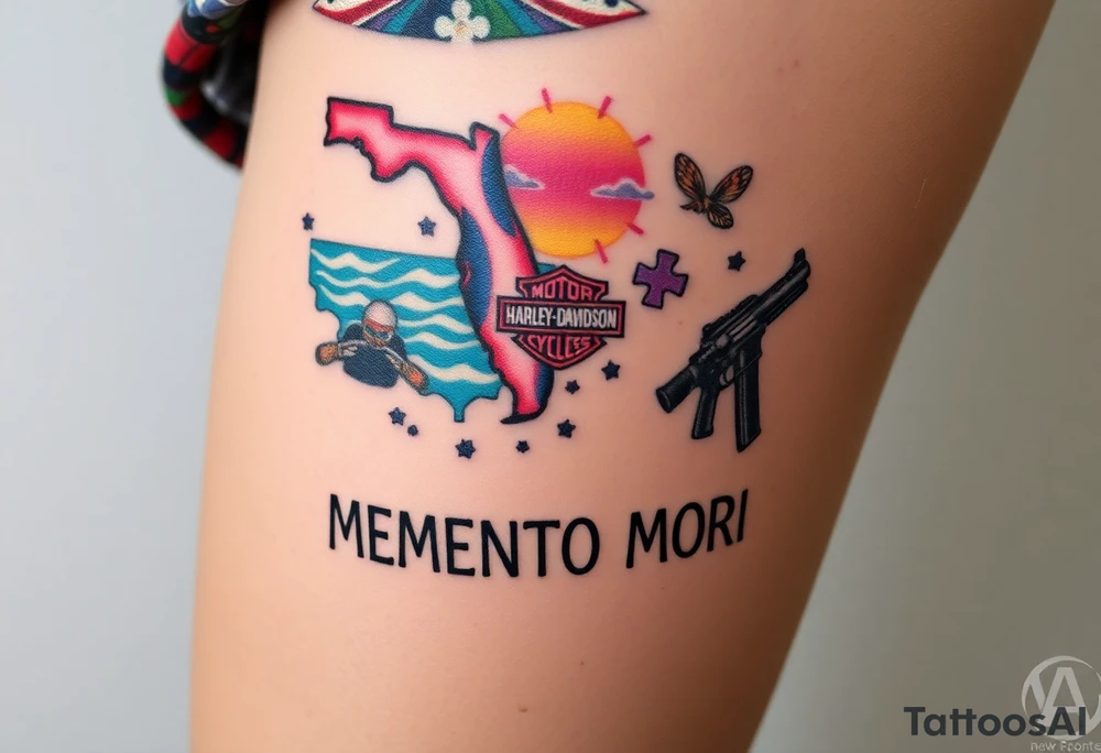 colorful futuristic memory tattoo for passed boyfriend; Florida, gulf coast water, Harley Davidson, skateboarding, puzzle pieces, video games, heaven, god, outdoors, guns, disc golf, words "MEMENTO MORI" tattoo idea