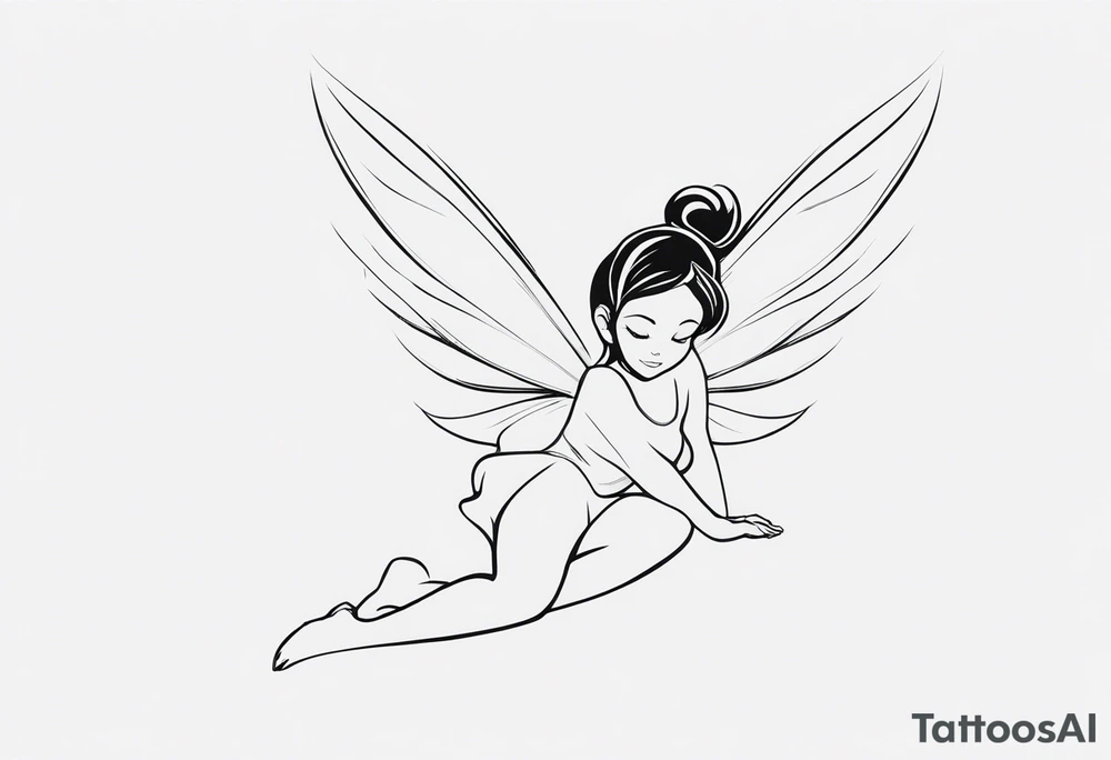 Minimalistic, monochromatic fairy with a tail flying to the left in a fetal position, leaning and looking in the same direction, with visible hands, embodying the 'Fairy Tail' logo aesthetic. tattoo idea