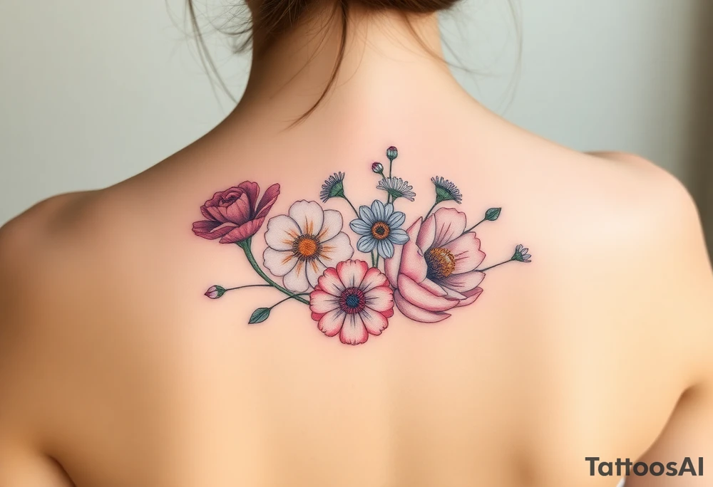 flower arrangment ,include two carnations, one violet, two daisies, one cosmos, and one peony tattoo idea