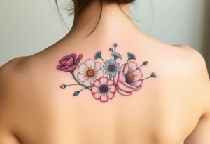 flower arrangment ,include two carnations, one violet, two daisies, one cosmos, and one peony tattoo idea