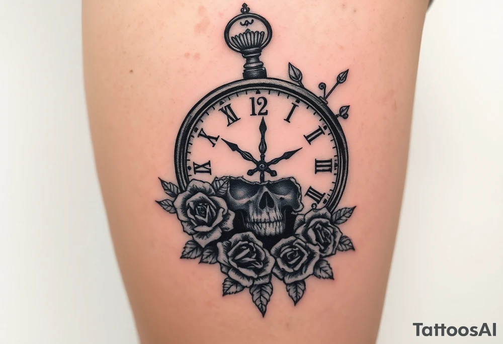 Broken Clock face 11:43 as set time. With roses and skull looking to the clock feminine tattoo idea