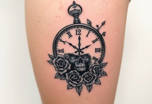 Broken Clock face 11:43 as set time. With roses and skull looking to the clock feminine tattoo idea