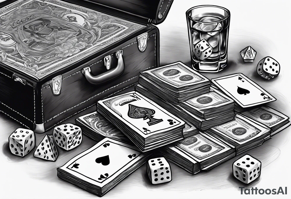 cards, money, dice, and whiskey on ice, tattoo idea