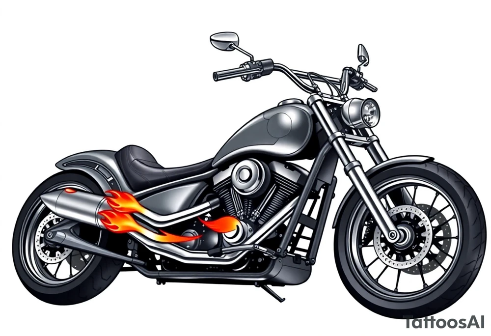 Low rider grey motorcycle, big muffler pipes with flames, angel wings, driving away, no person tattoo idea