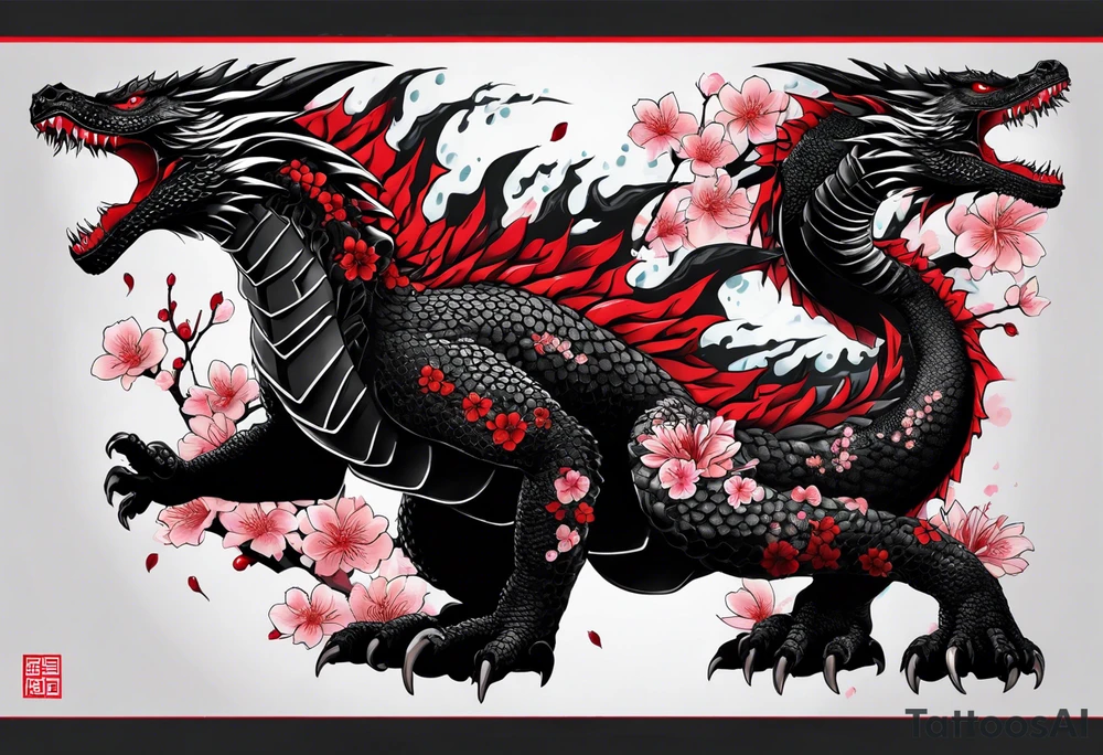 godzilla inspired dragon irezumi arm sleeve in black and red with water and lightning and cherry blossoms tattoo idea