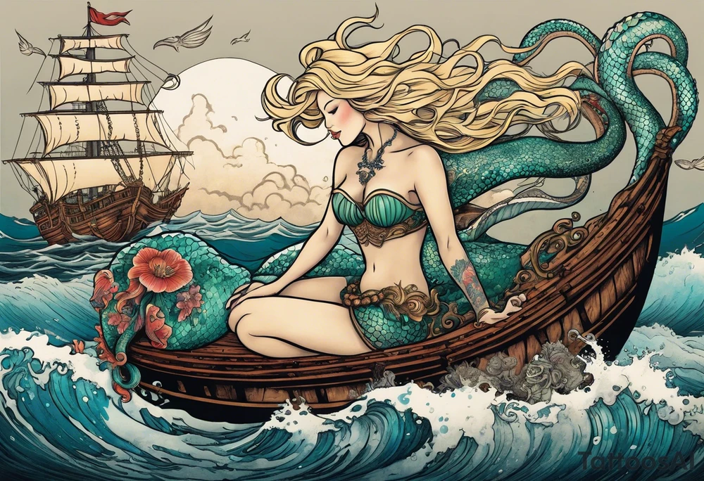 Beautiful blond mermaid riding a giant octopus with her young merman son in the ocean with a pirate ship in the distance tattoo idea