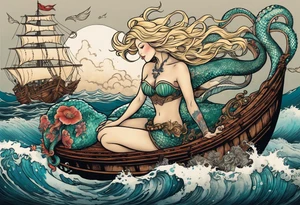 Beautiful blond mermaid riding a giant octopus with her young merman son in the ocean with a pirate ship in the distance tattoo idea