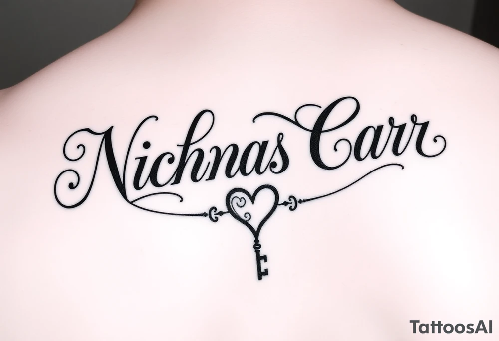 Cursive font writing with creative swirls running with the letters spelling Nicholas Carr. With a fancy heart and key in it at the end tattoo idea