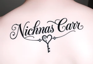 Cursive font writing with creative swirls running with the letters spelling Nicholas Carr. With a fancy heart and key in it at the end tattoo idea