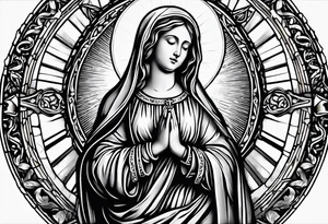 Blessed virgin Mary with praying hands that have a rosary wrapped around and sun beams and church windows behind her. tattoo idea