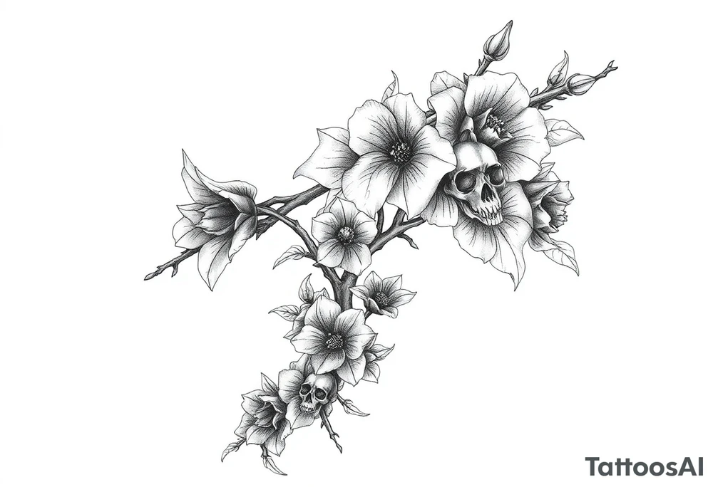 Aconitum flower going up the arm with details gothic style with skulls thorns tribal large more flowers and shading wrapping around tattoo idea