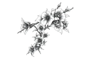 Aconitum flower going up the arm with details gothic style with skulls thorns tribal large more flowers and shading wrapping around tattoo idea