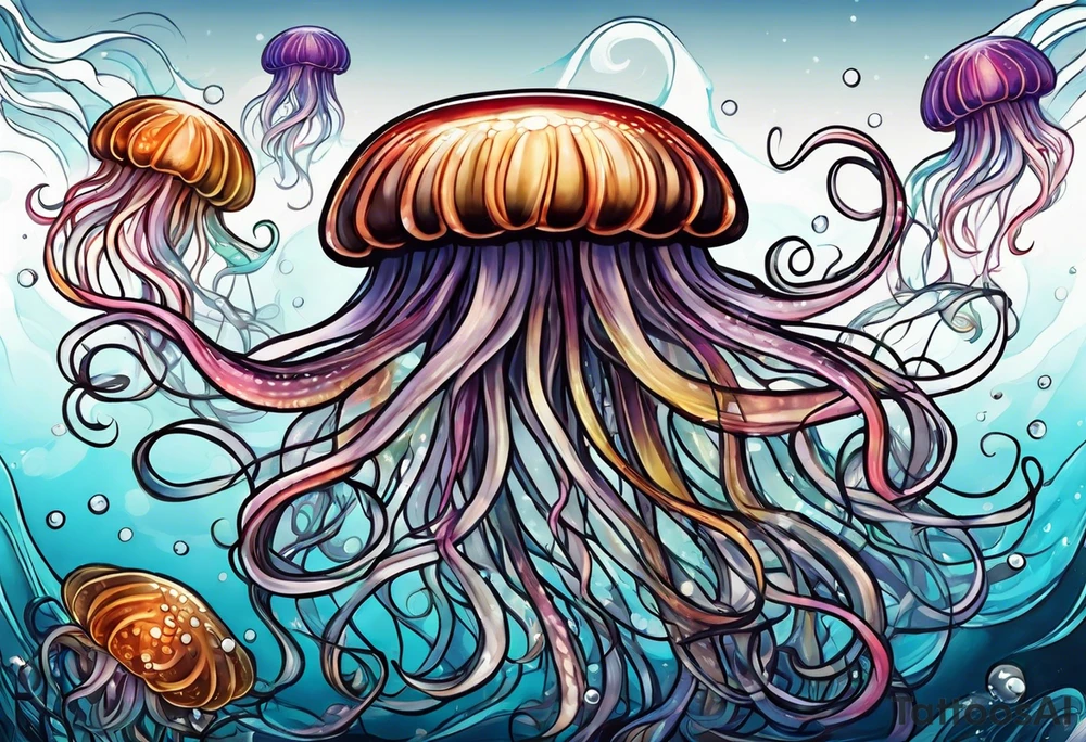 single swimming jelly fish with long tentacles tattoo idea