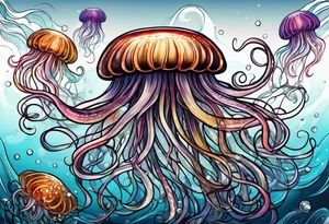 single swimming jelly fish with long tentacles tattoo idea
