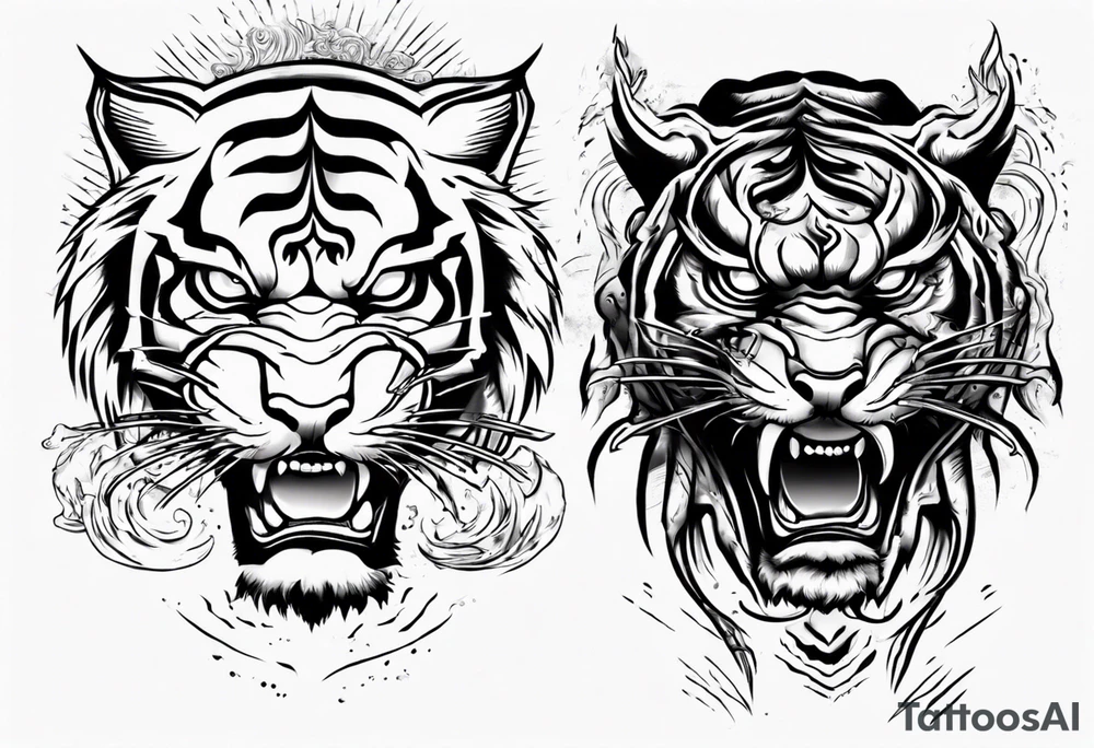 tiger warrior with lightning and the sun for a forearm sleeve tattoo idea