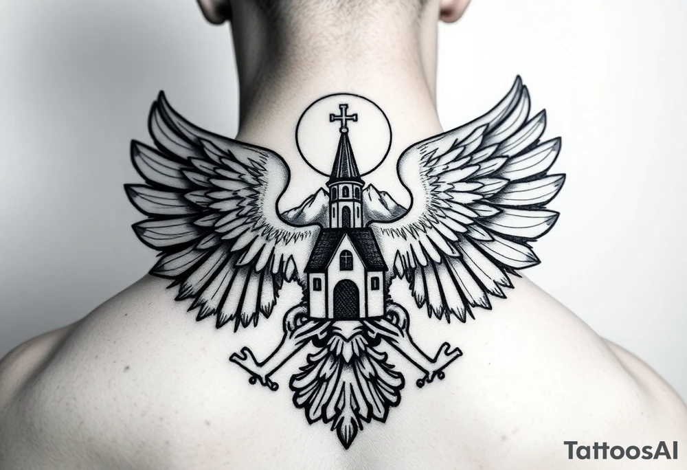 an actual russian coat of arms with the eagles wings spanning out on my back neck across my shoulders / traps with a orthodox christian church being visible in a mountainous sun beaming setting, with the russian orthodox cross spire of the orthodox church being visible on my neck with a sun beaming in the background that the cross sits inside tattoo idea