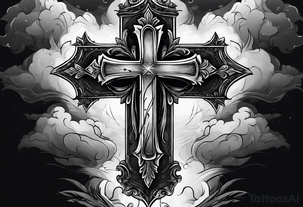 cross with smoke behind it in a storm tattoo idea