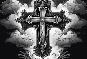 cross with smoke behind it in a storm tattoo idea