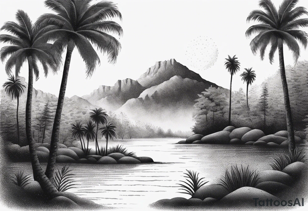palm trees around a river tattoo idea