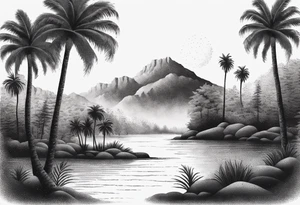 palm trees around a river tattoo idea
