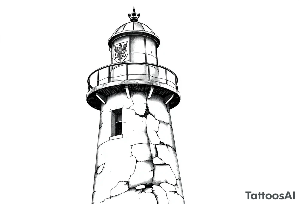 a whole lighthouse with a coat of arms incorporated into the roof tattoo idea