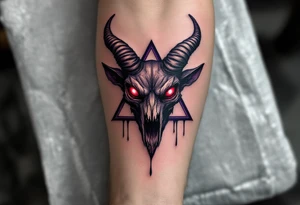 A demonic goat skull with glowing red eyes, fused into a dark purple pentagram - five pointed star, dripping with shadows. tattoo idea