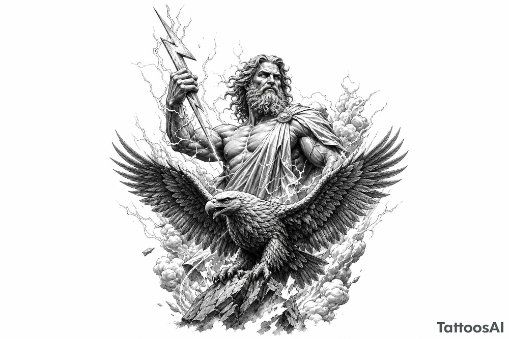 Zeus, king of the gods, lightning bolt, eagle, Greek mythology style. tattoo idea
