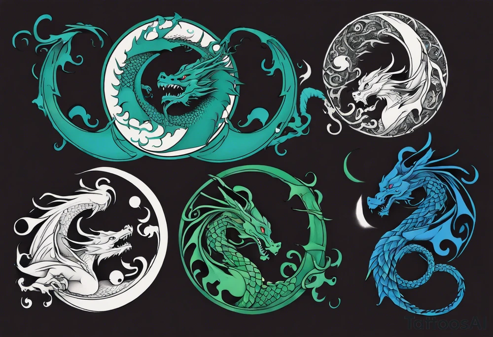 ying yang dragon half blue half green tattoo idea