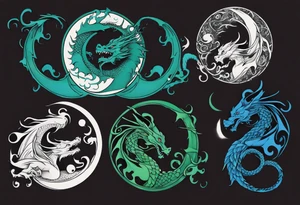 ying yang dragon half blue half green tattoo idea