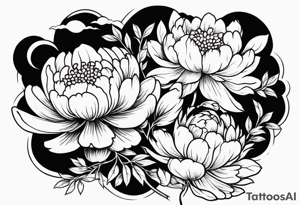 Full sleeve japanese peonies and chrysanthemum and cherry blossoms in black water tattoo idea