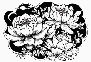 Full sleeve japanese peonies and chrysanthemum and cherry blossoms in black water tattoo idea