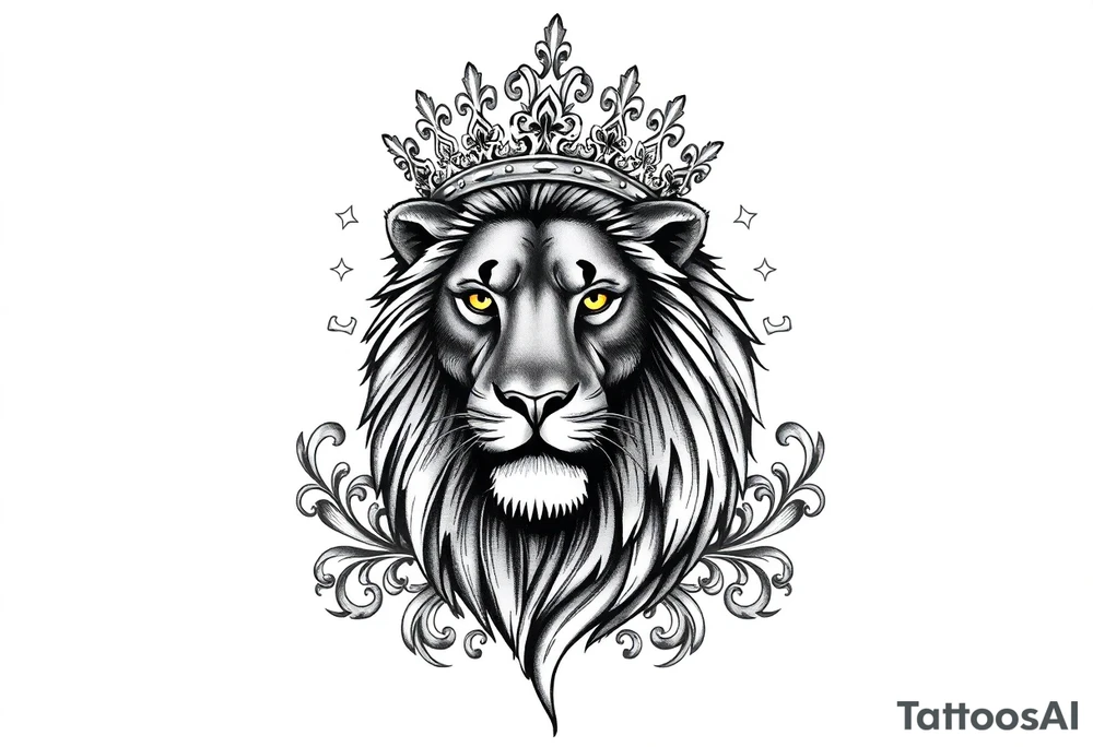 majestic lion wearing ornate crown, surrounded by baroque flourishes tattoo idea