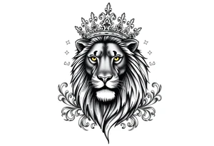 majestic lion wearing ornate crown, surrounded by baroque flourishes tattoo idea