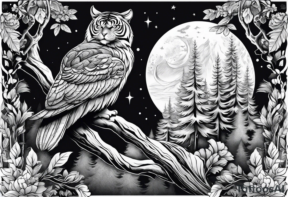 Tiger hunting flying owl full moon forest tattoo idea