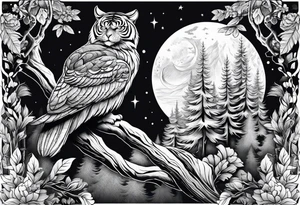 Tiger hunting flying owl full moon forest tattoo idea