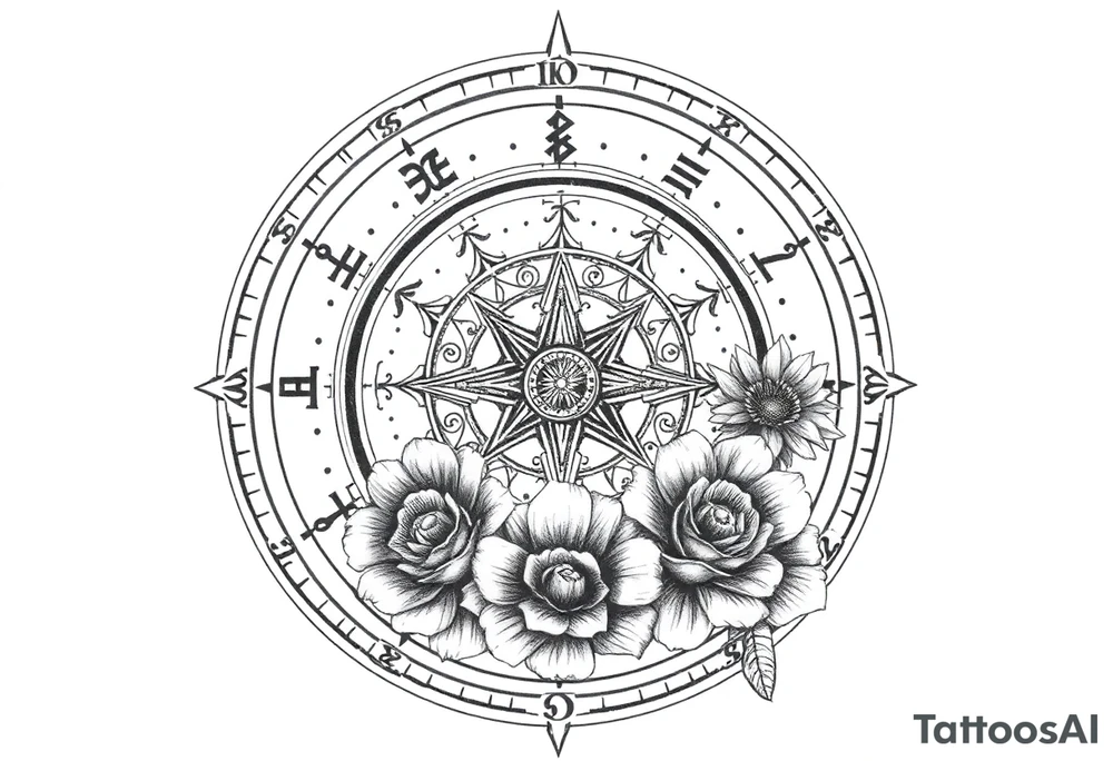 zodiac symbols the elements and Norse runes within ornate compass with roses lilly sunflowers tattoo idea