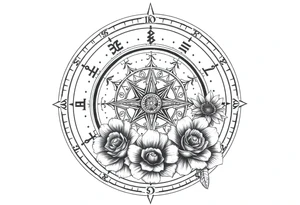 zodiac symbols the elements and Norse runes within ornate compass with roses lilly sunflowers tattoo idea