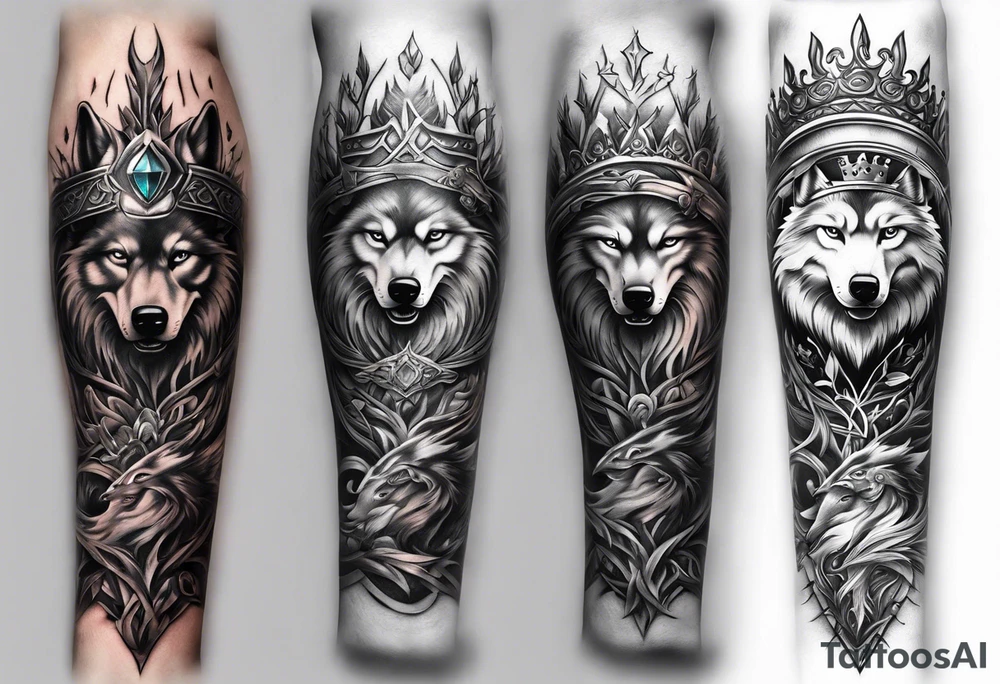 Create a vision of arm tattoo sleeve with combination of sword, crown, tree and three wolves to represent clients family roots tattoo idea