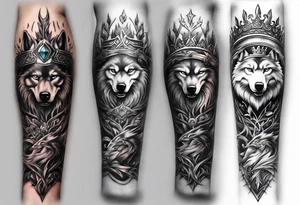 Create a vision of arm tattoo sleeve with combination of sword, crown, tree and three wolves to represent clients family roots tattoo idea