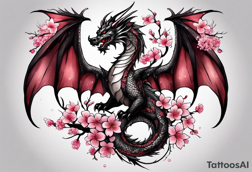 A dragon with wings covered in cherry blossoms on the thigh tattoo idea