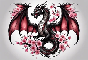 A dragon with wings covered in cherry blossoms on the thigh tattoo idea