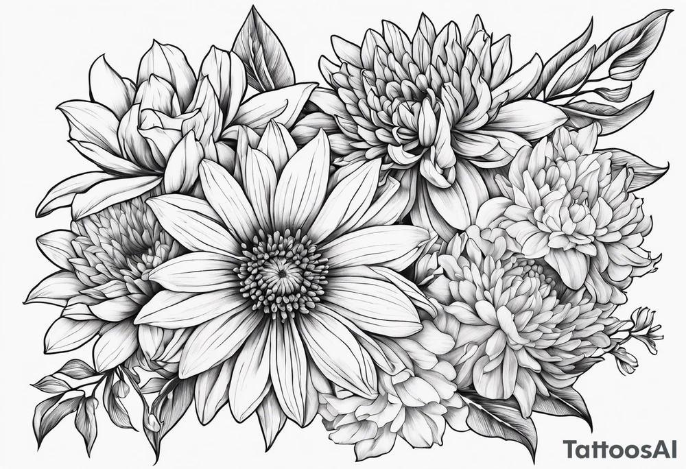 Aster, Chrysanthemums, Rose, Daffodil, Gladiolus tattoo idea